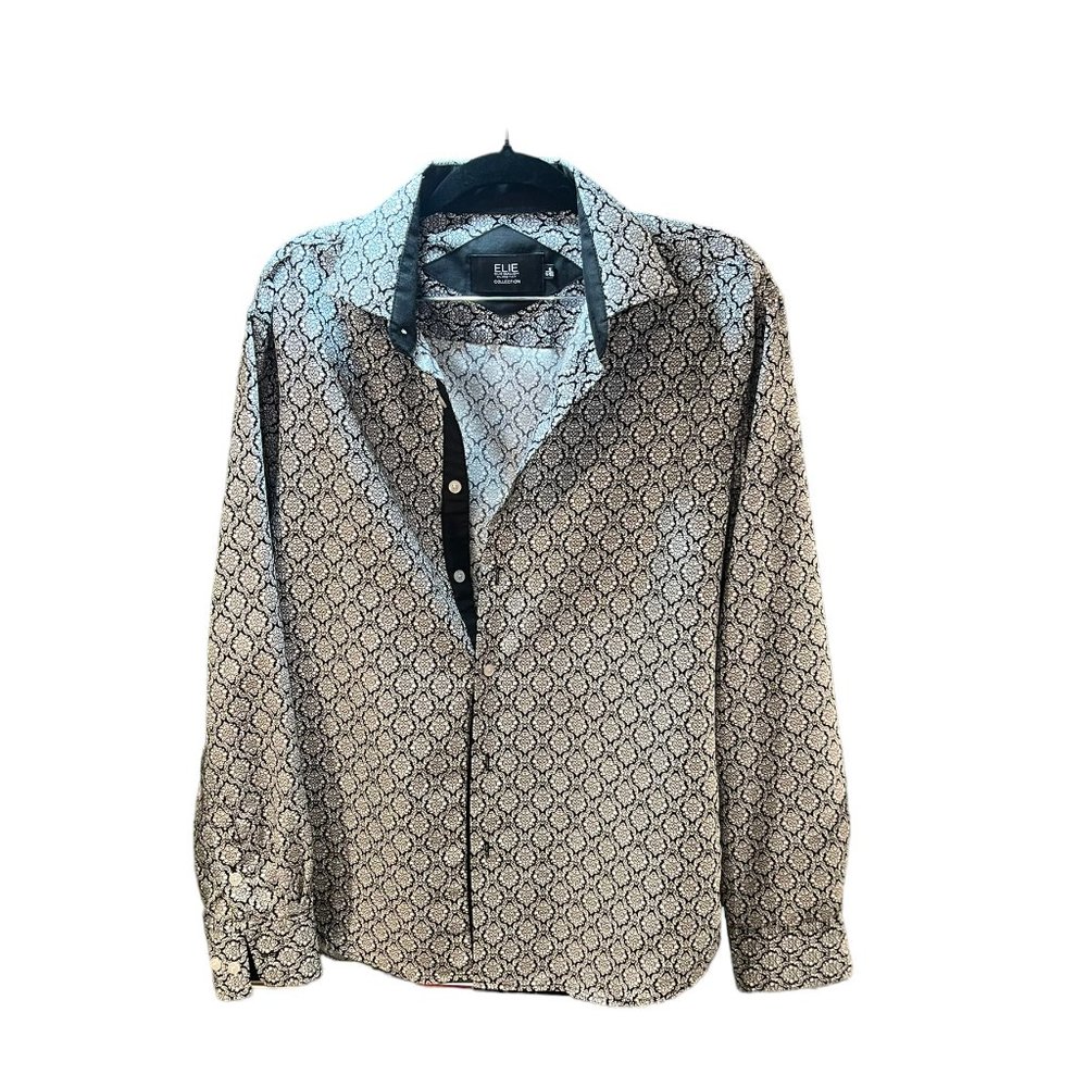 Elie Printed Long Sleeve Shirt Button Down Collared White Black Medium